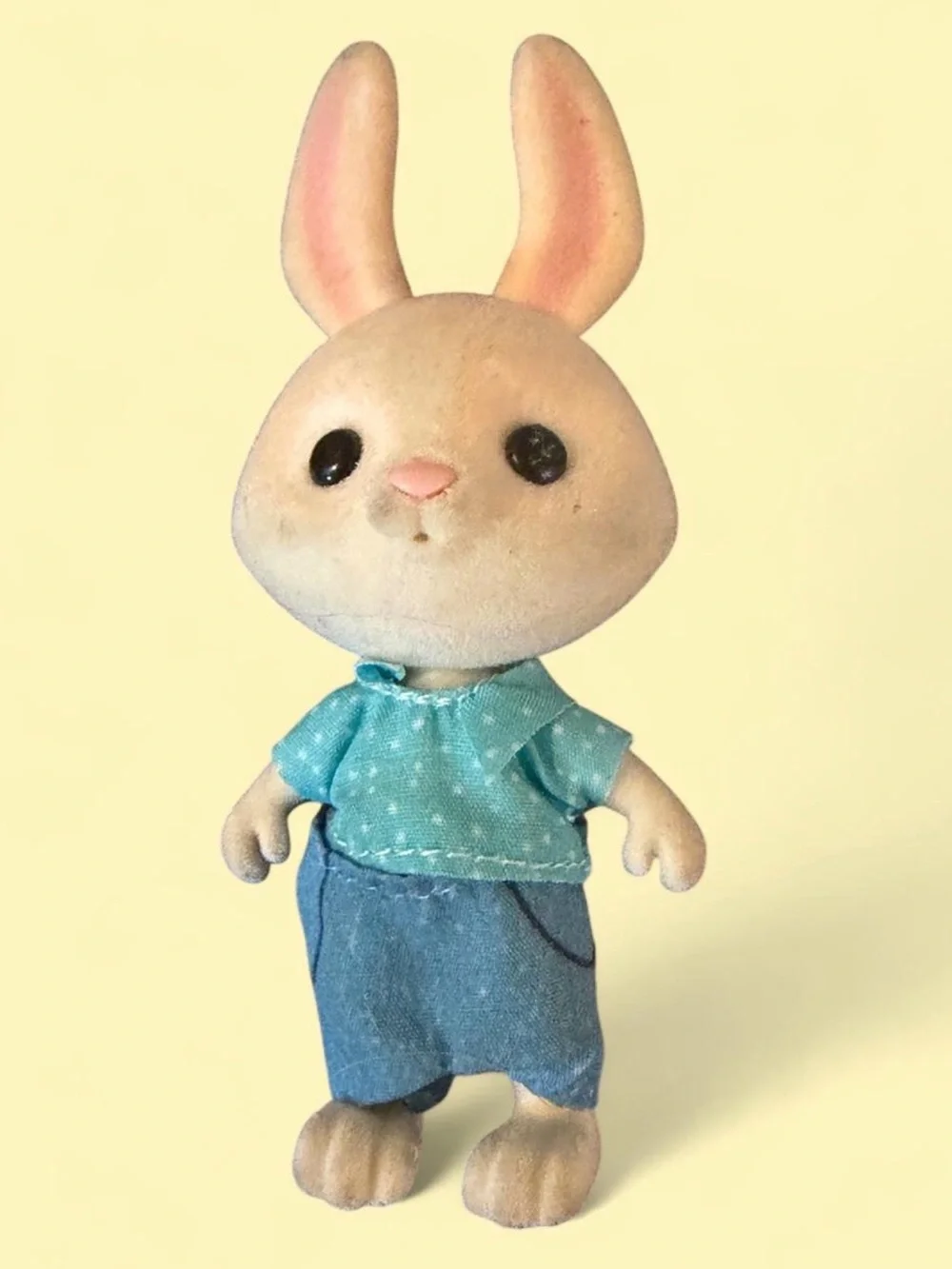 Small Plush Bunny Pet Figure in Cream with Blue Outfit